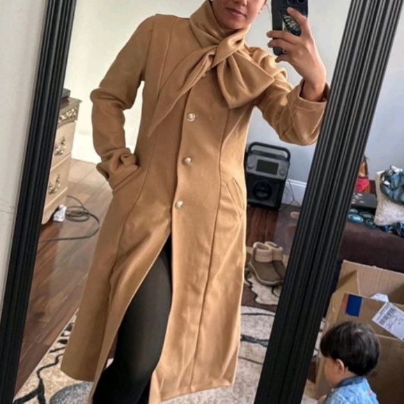 Women's Solid Color Self-Tie Collar Single-Breasted Long Elegant Coat - Picture 5 of 5